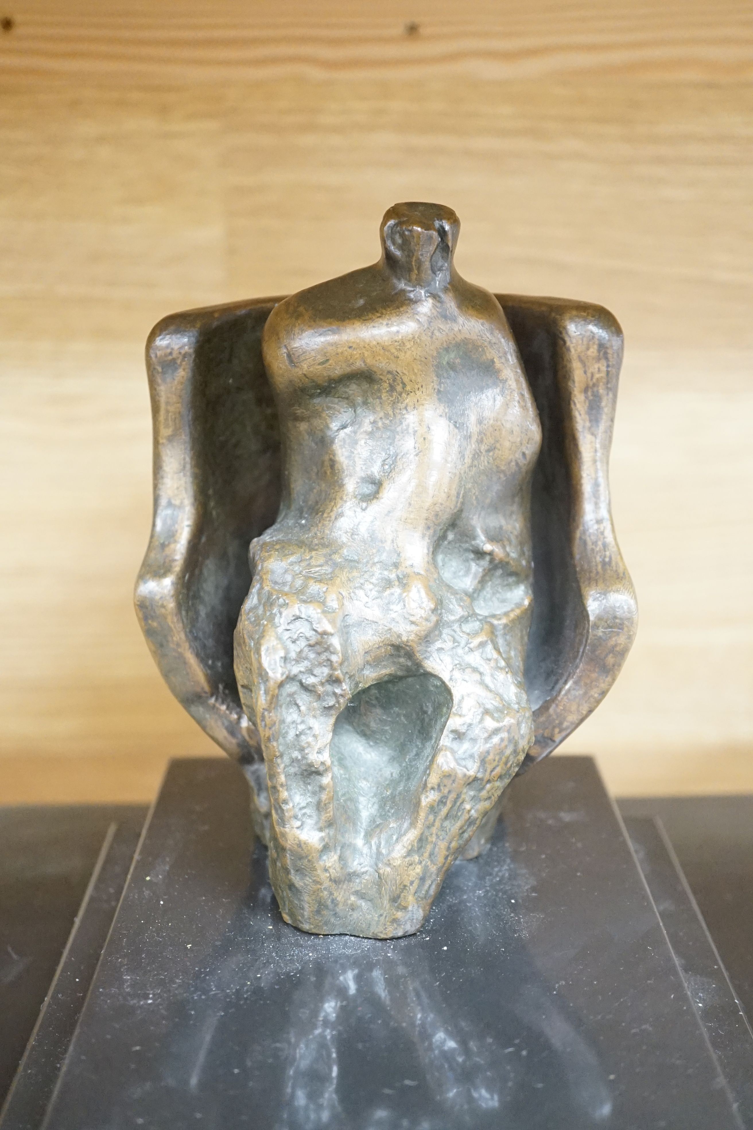 Attributed to James Butler b.1931, an abstract bronze seated figure on three tier plinth - 26.5cm tall